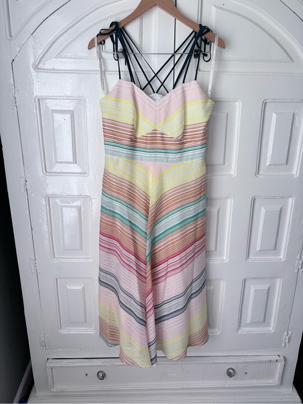Shoshanna Pastel Multi-Stripe Midi Dress with Crisscross Straps